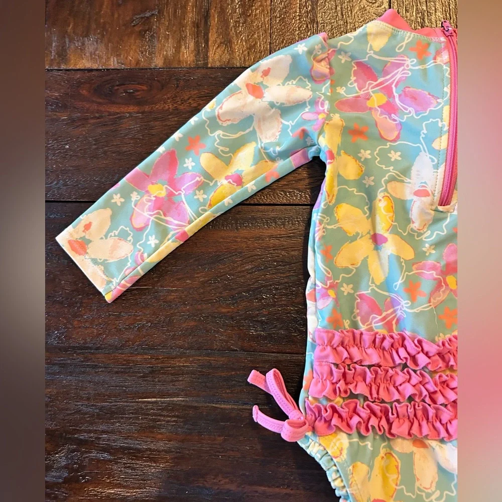 Ruffle Butts Pastel Pink / Aqua Floral Long Sleeve One piece Swimsuit Rash Guard